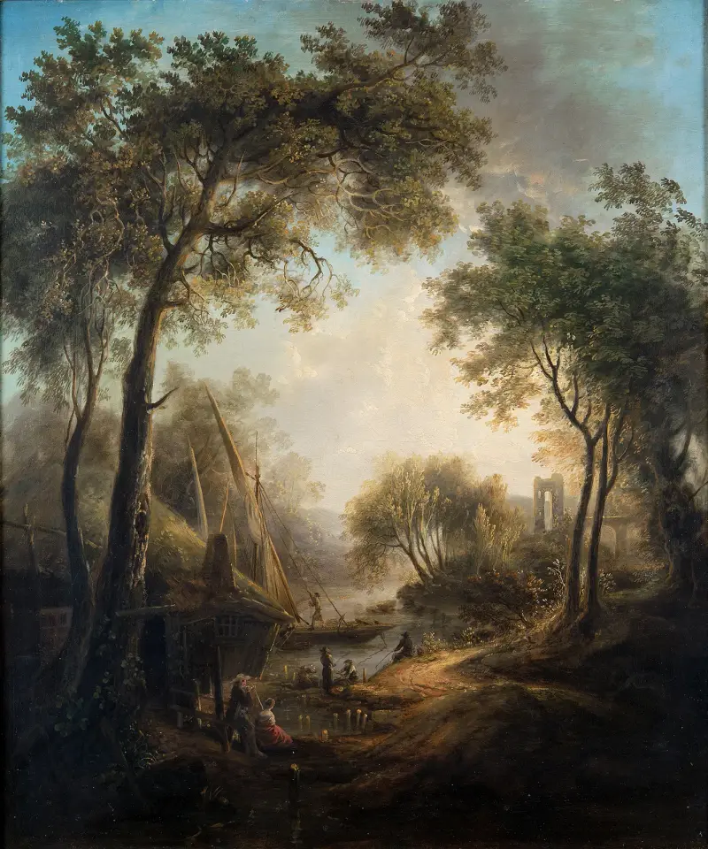 Sommerlandschaft mit Wasser und hohen Bäumen von Elias Martin