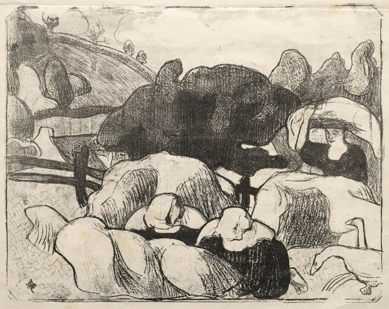 Bretonska kvinnor som räfsar hö av Emile Bernard