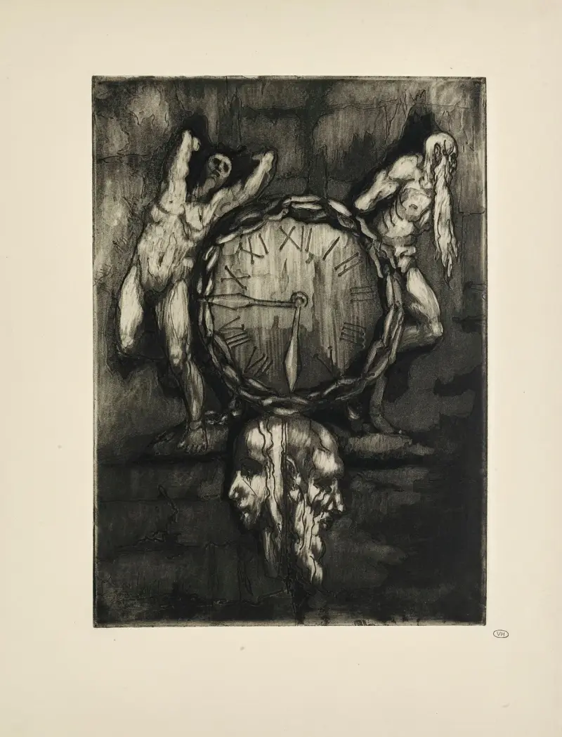 N° 48 – Une horloge apparait au-dessus du portail Autour du cadran triste, une chaîne est sculptée av Emile Bernard