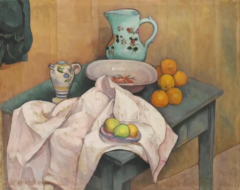 Stilleben med kanna och frukt på utbredd servett av Emile Bernard