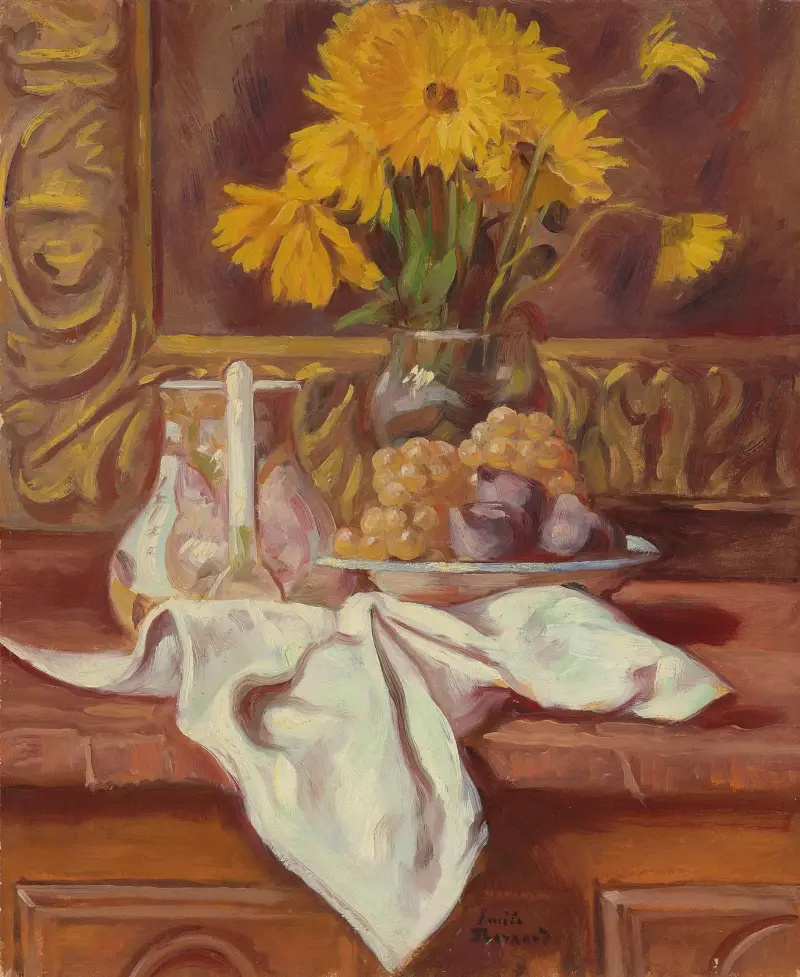 Stilleben med fikon och solrosor av Emile Bernard