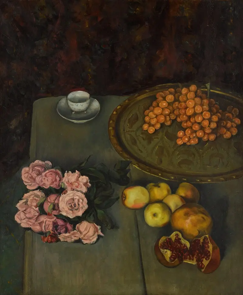 Stilleben med rosor och frukt av Emile Bernard
