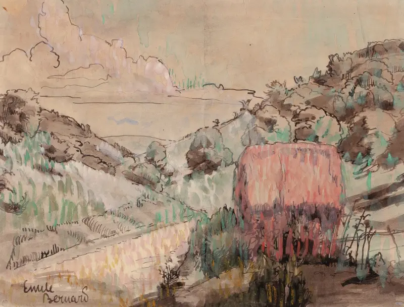 Röd stuga på en sluttning av Emile Bernard