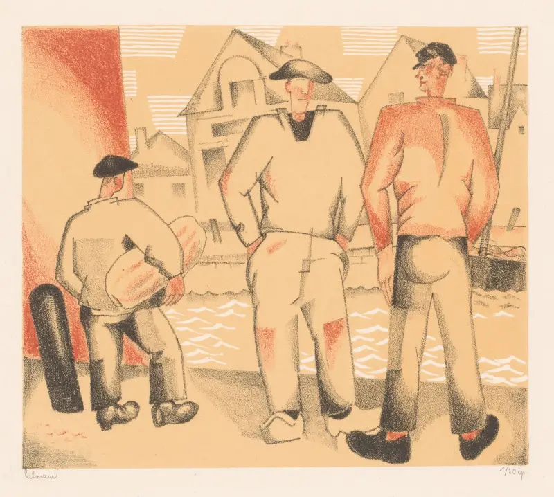 Tre fiskare på kajen av Jean-Émile Laboureur