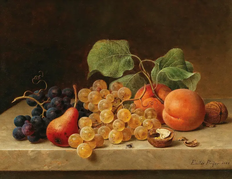 Still Life with Grapes, Peaches, a Pear and Nuts av Emilie Preyer