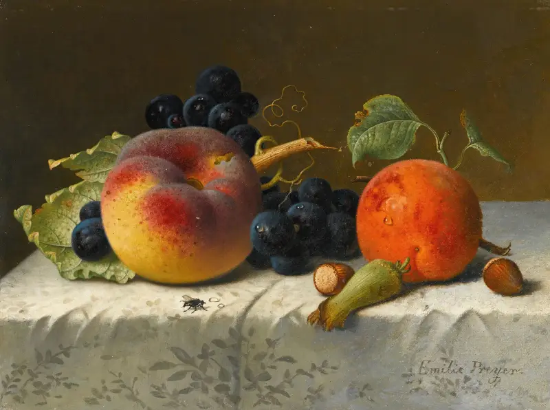 Still life with peach, apricot, grapes and hazelnuts on a tablecloth av Emilie Preyer