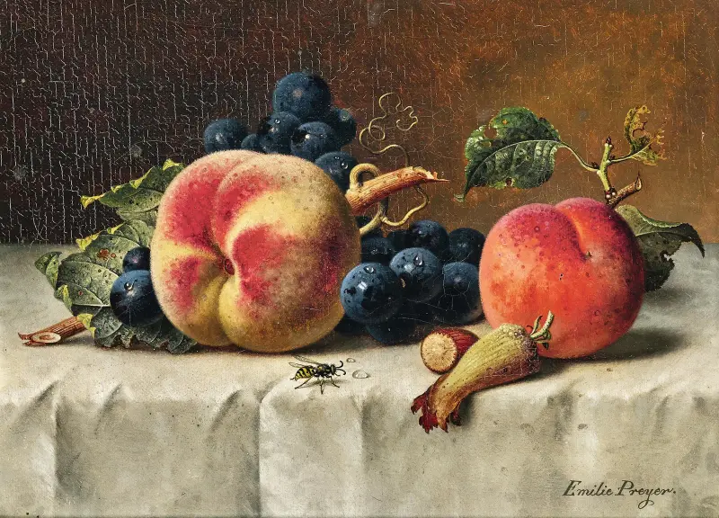 Still Life with Peaches, Grapes, Hazelnut and a Wasp av Emilie Preyer