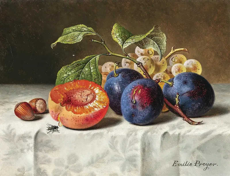 Still Life with Peaches, Red Grapes, Hazelnuts and a Wasp. – nr 2 av Emilie Preyer
