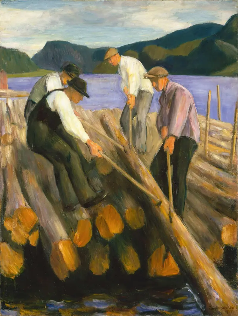 Men working on a Timber Boom av Erik Werenskiold