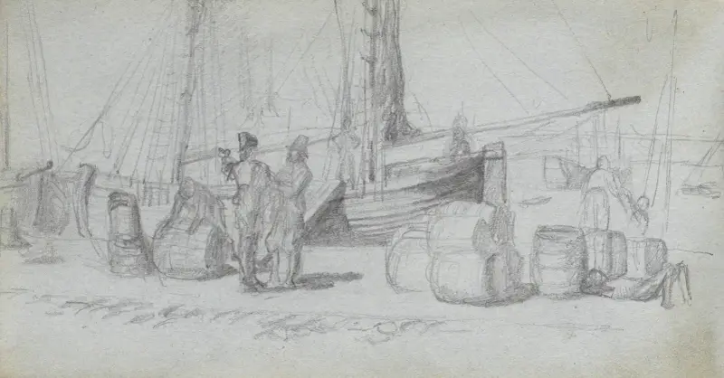 Boote, Figuren, Fracht an einem Strand von Ernest Meissonier