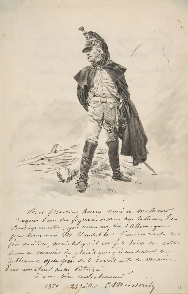 Brev till Samuel P. Avery med en teckning av en militärfigur av Ernest Meissonier