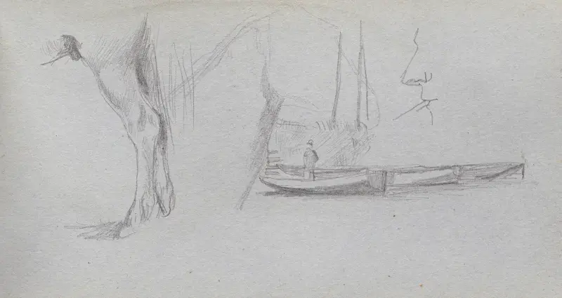 Studies; Horse’s leg, Figure in a Boat, and Profile av Ernest Meissonier