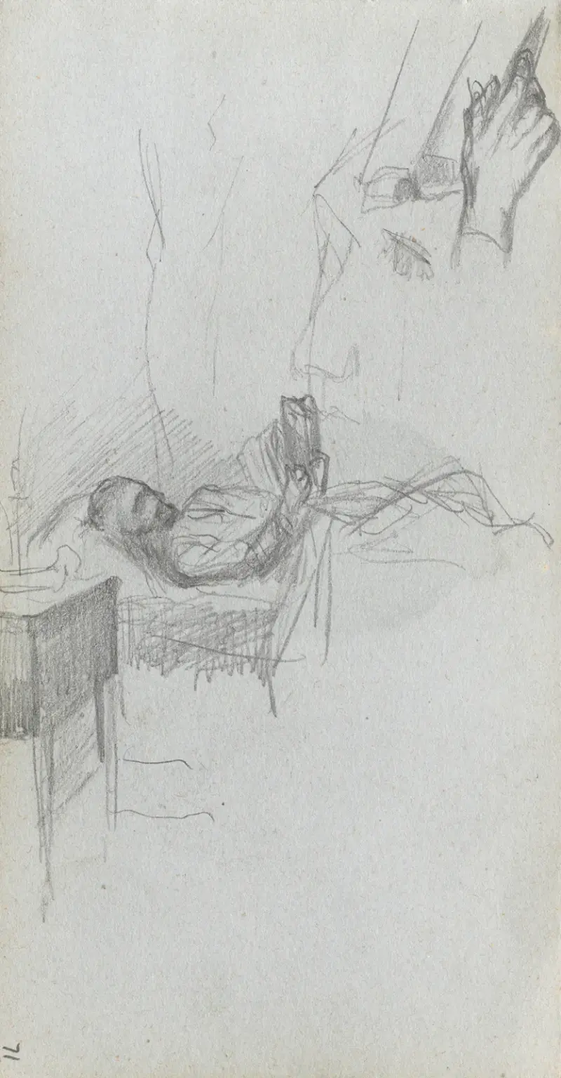 Studie av en figur som läser i sängen, studie av en hand av Ernest Meissonier
