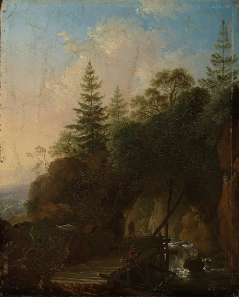 Gebirgslandschaft mit Wasserfall und hölzerner Brücke av Christian Wilhelm Ernst Dietrich