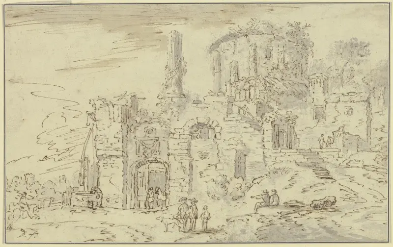 Ruinen von Tempelgebäuden in einer Landschaft av Christian Wilhelm Ernst Dietrich