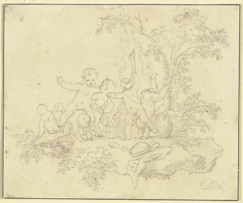 Sieben spielende Putten unter einem Baum av Christian Wilhelm Ernst Dietrich