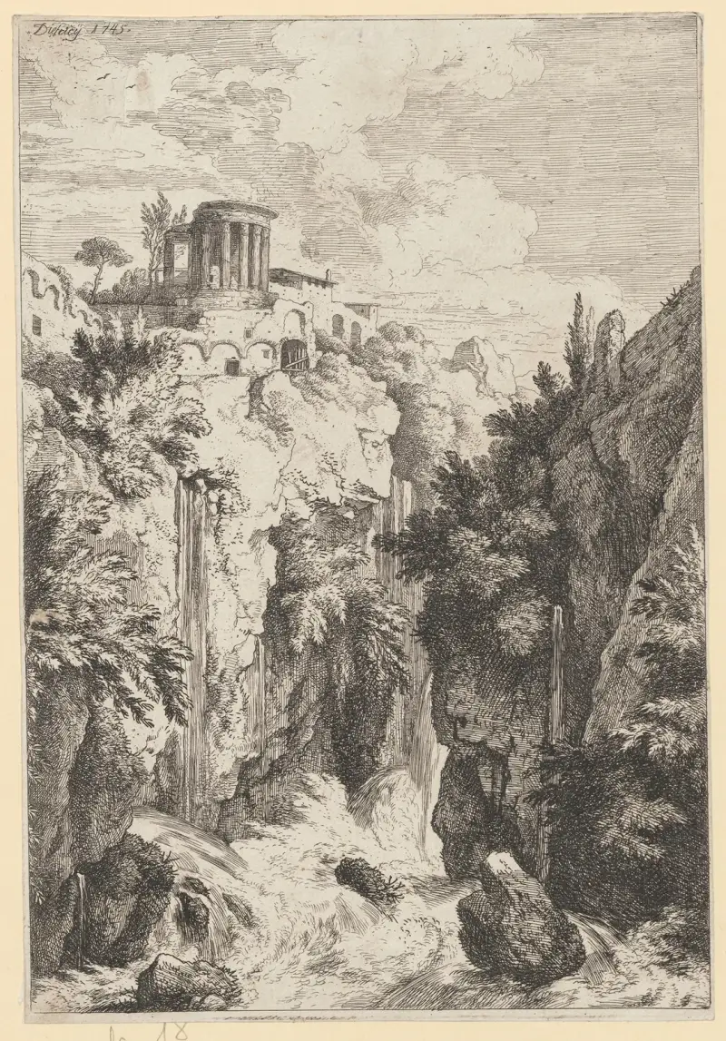 Waterfall and Temple of the Sibyl in Tivoli av Christian Wilhelm Ernst Dietrich