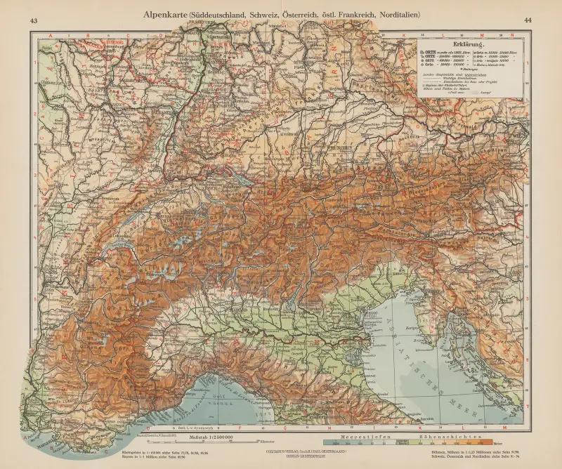 Alpenkarte (Süddeutschland, Schweiz, Österreich, östl. Frankreich, Norditalien) von Ernst Friedrich