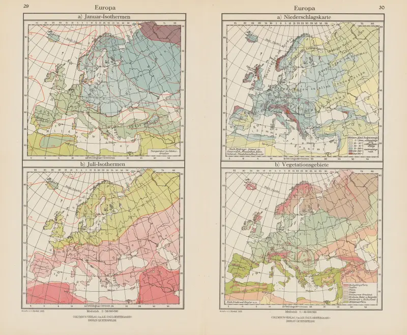 Europa; Januar-Isothermen, Niederschlagskarte av Ernst Friedrich