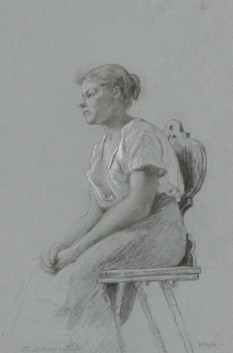 Sitzendes junges Mädchen mit geöffneter Bluse nach links av Friedrich Ernst Morgenstern