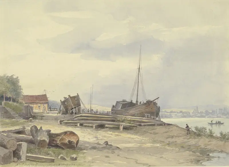 Werft am Rheinufer bei Niederwalluf av Friedrich Ernst Morgenstern