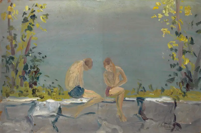 Badande pojkar på en mur vid en sjö av Ernst Schiess