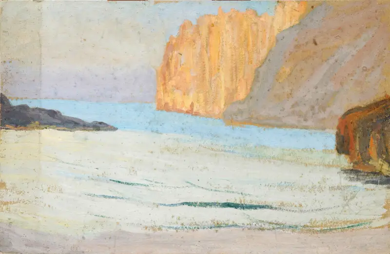 Vik vid havet med klippor av Ernst Schiess
