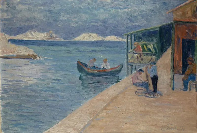 Strand med fiskarkrog av Ernst Schiess