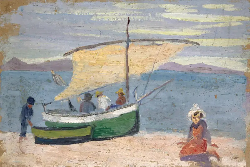 Fiskebåt på stranden av Ernst Schiess