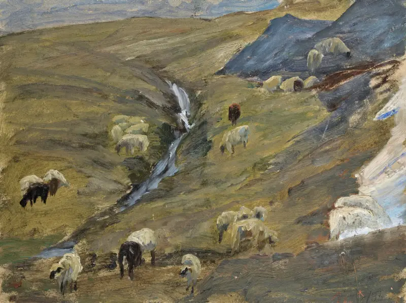 Flock av får på en alp av Ernst Schiess