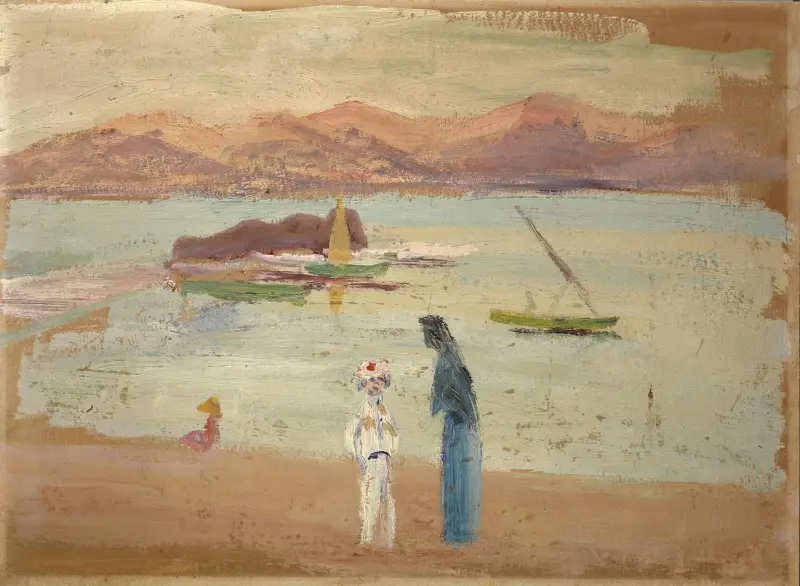 Matrosenjunge, kleine Boote und Meeresarm av Ernst Schiess