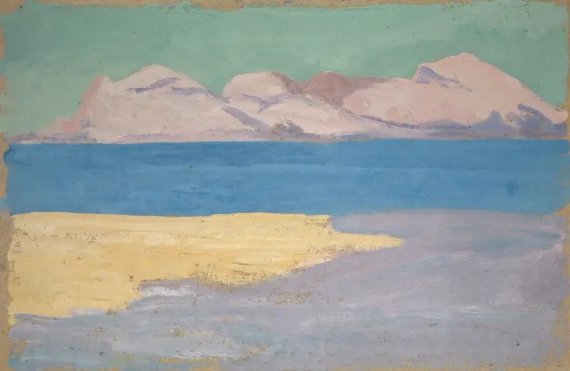 Havsvik och avlägsen bergskedja av Ernst Schiess