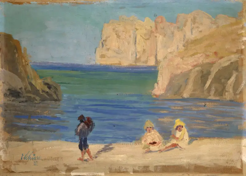 Rocky Bay with Two Seated Figures av Ernst Schiess