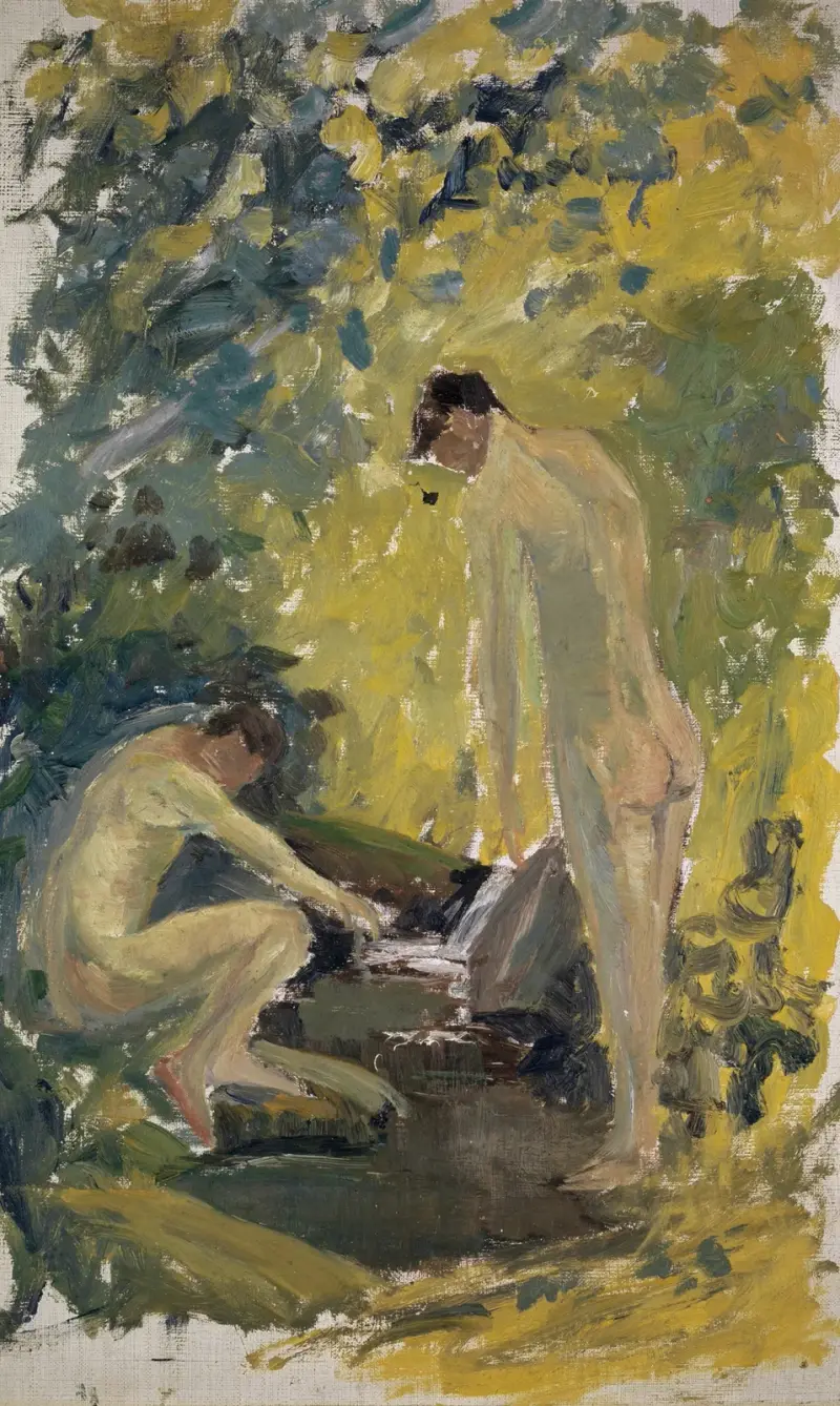 Sittande pojke med halmhatt på stranden (studie) av Ernst Schiess