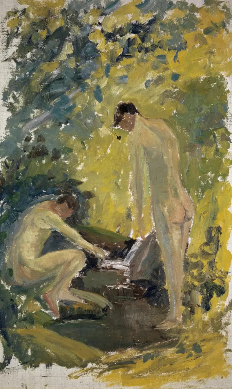 Två nakna unga män i en flod i skogen av Ernst Schiess