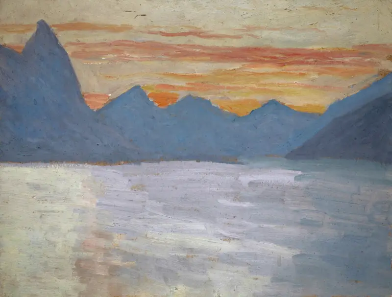 Blick über den Luganersee auf die Berge von Porlezza vor Sonnenaufgang von Ernst Schiess