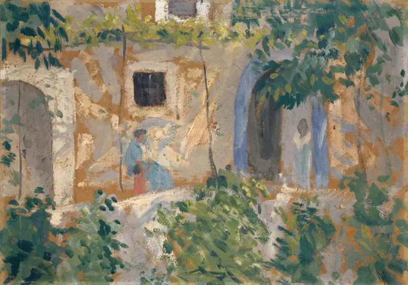 Kvinna med barn framför ett hus av Ernst Schiess