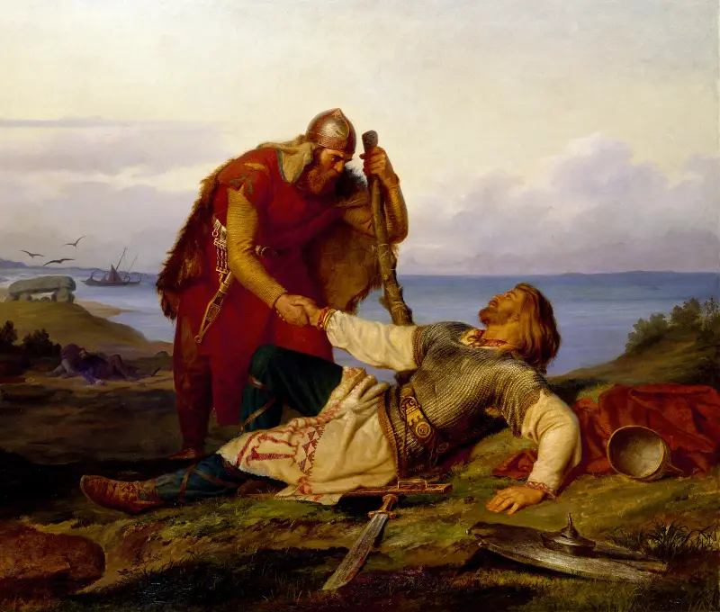 Hjalmar scheidet von Orvar Odd nach der Schlacht auf Samsø von Mårten Eskil Winge