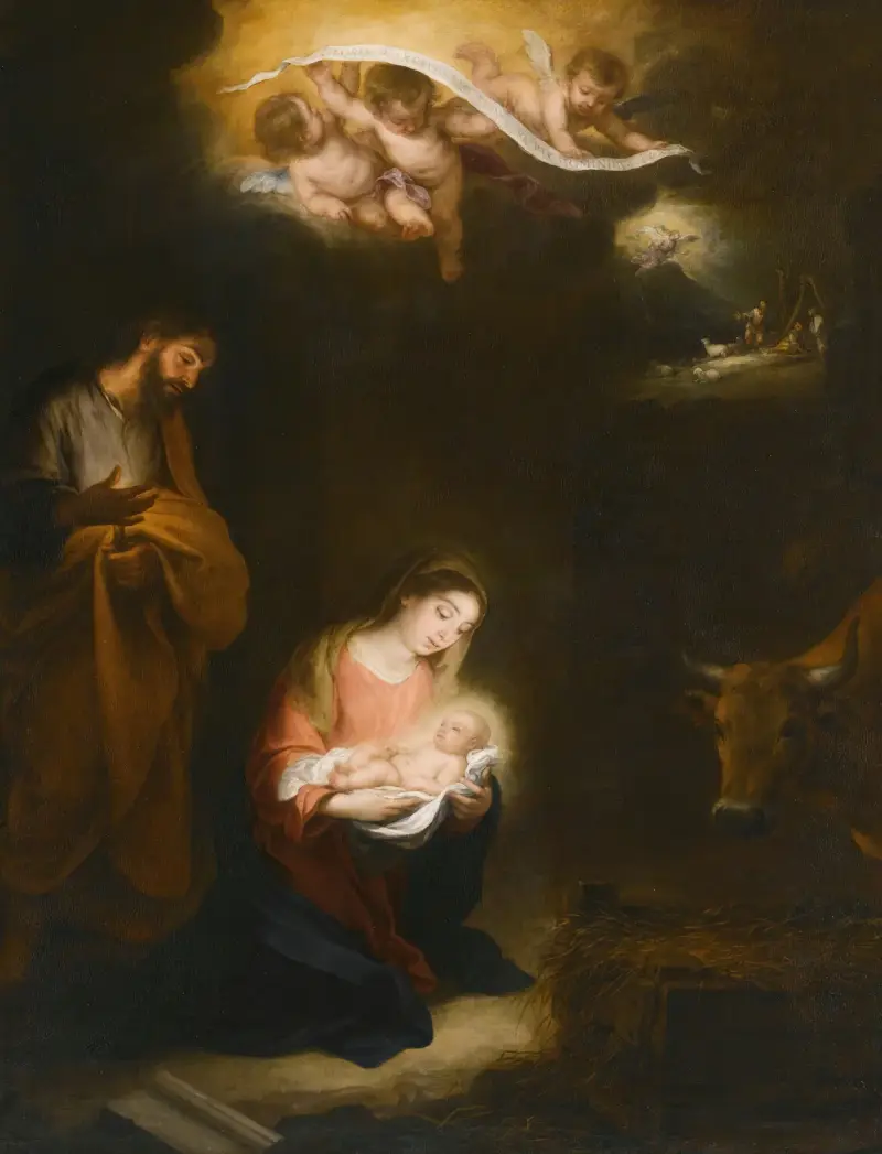 Nattlig scen med Kristi födelse och herdarnas bebådelse av Bartolomé Estebán Murillo