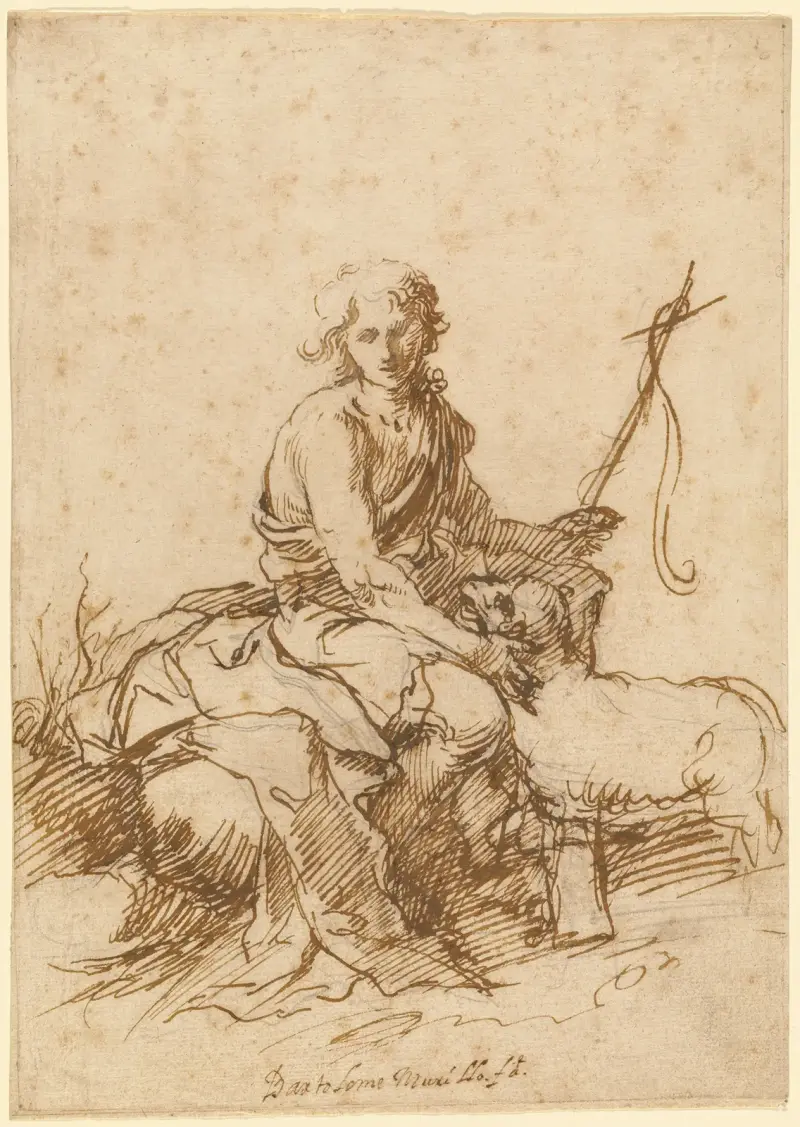 The Youthful Saint John the Baptist Seated in a Landscape av Bartolomé Estebán Murillo