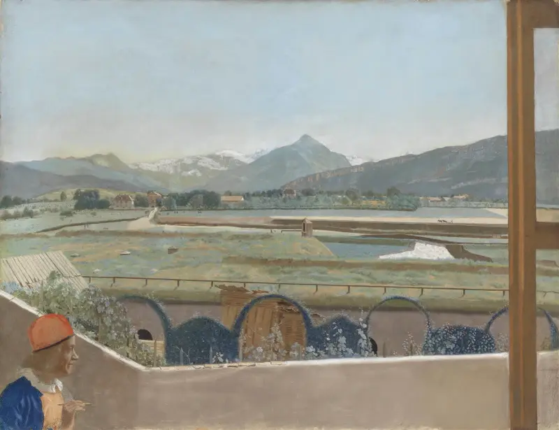 View toward the Mont Blanc Massif from the Artist’s Studio at Geneva, with a Self-portrait av Jean-Etienne Liotard