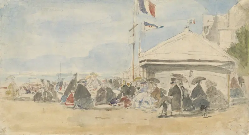 Strandhus med flaggor i Trouville av Eugène Boudin
