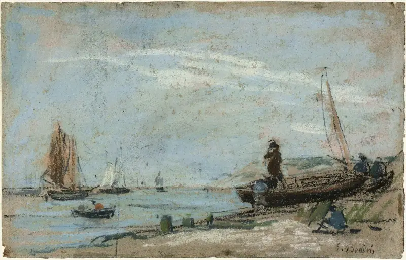 Strand med fiskebåtar av Eugène Boudin