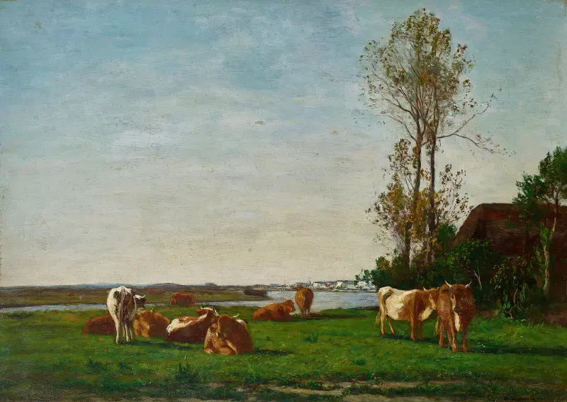 Stuga och betesmark vid Touques strand av Eugène Boudin