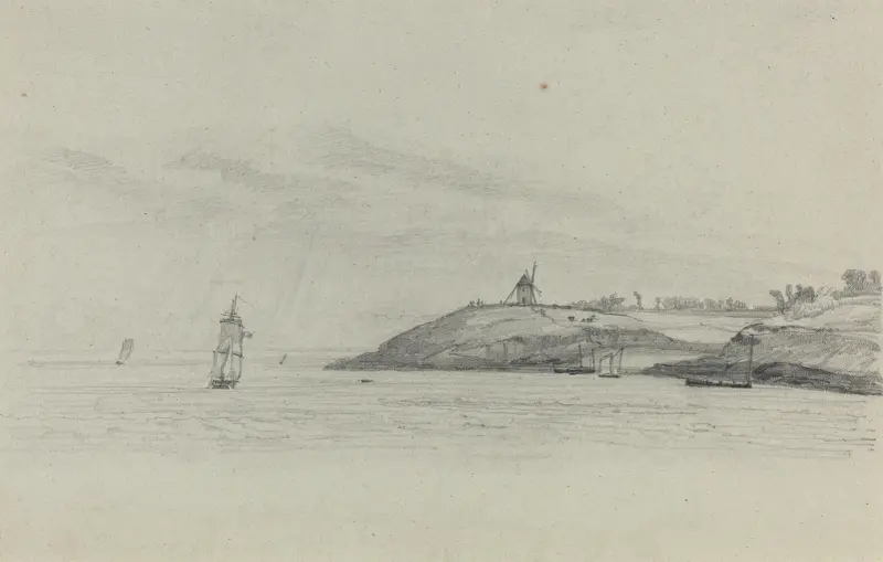Kustlandskap med skeppsfart; väderkvarn i fjärran av Eugène Boudin