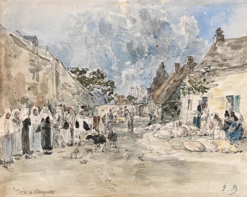 Marknad i Plougastel av Eugène Boudin