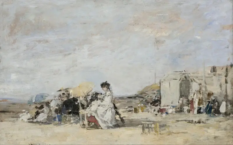 Vitklädd dam på stranden i Trouville av Eugène Boudin