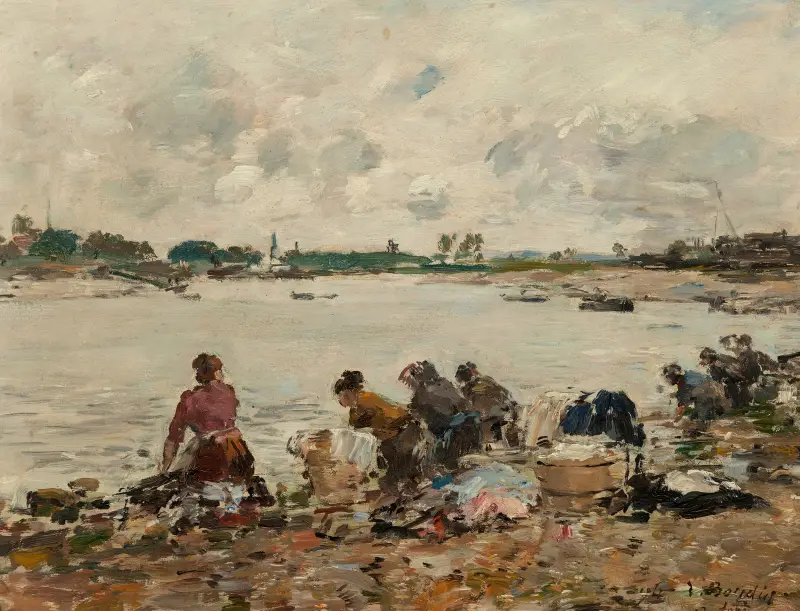 Tvätterskor vid Touques strand av Eugène Boudin