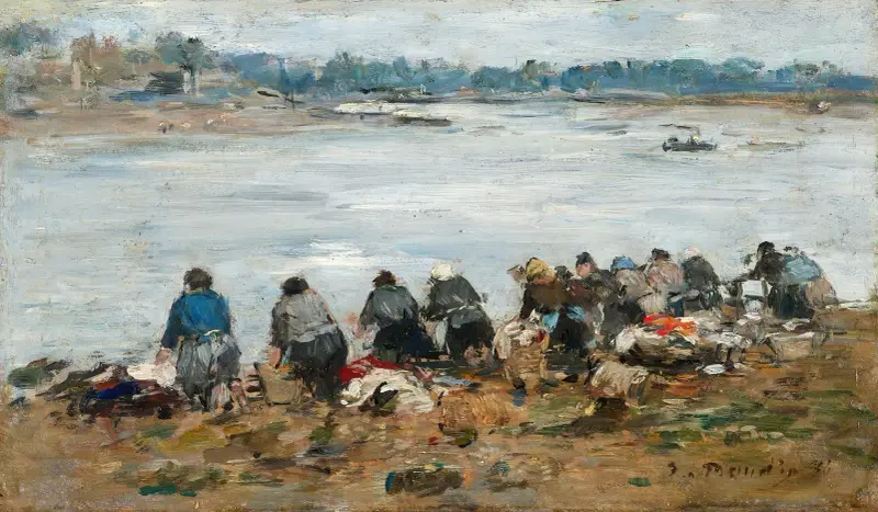 Tvätterskor vid Touques strand av Eugène Boudin