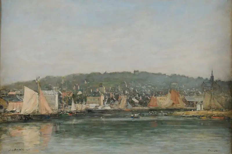 Hamnen i Trouville på morgonen av Eugène Boudin